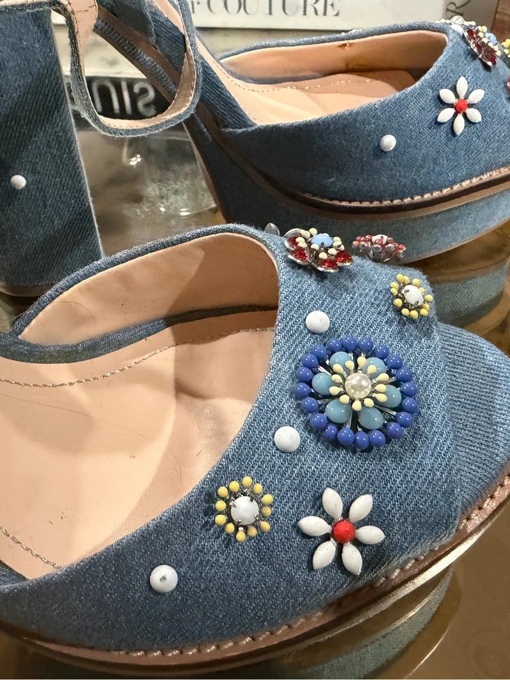 Zara Embellished Blue Denim Slingback platform Sandals size 40 - Picture 2 of 8